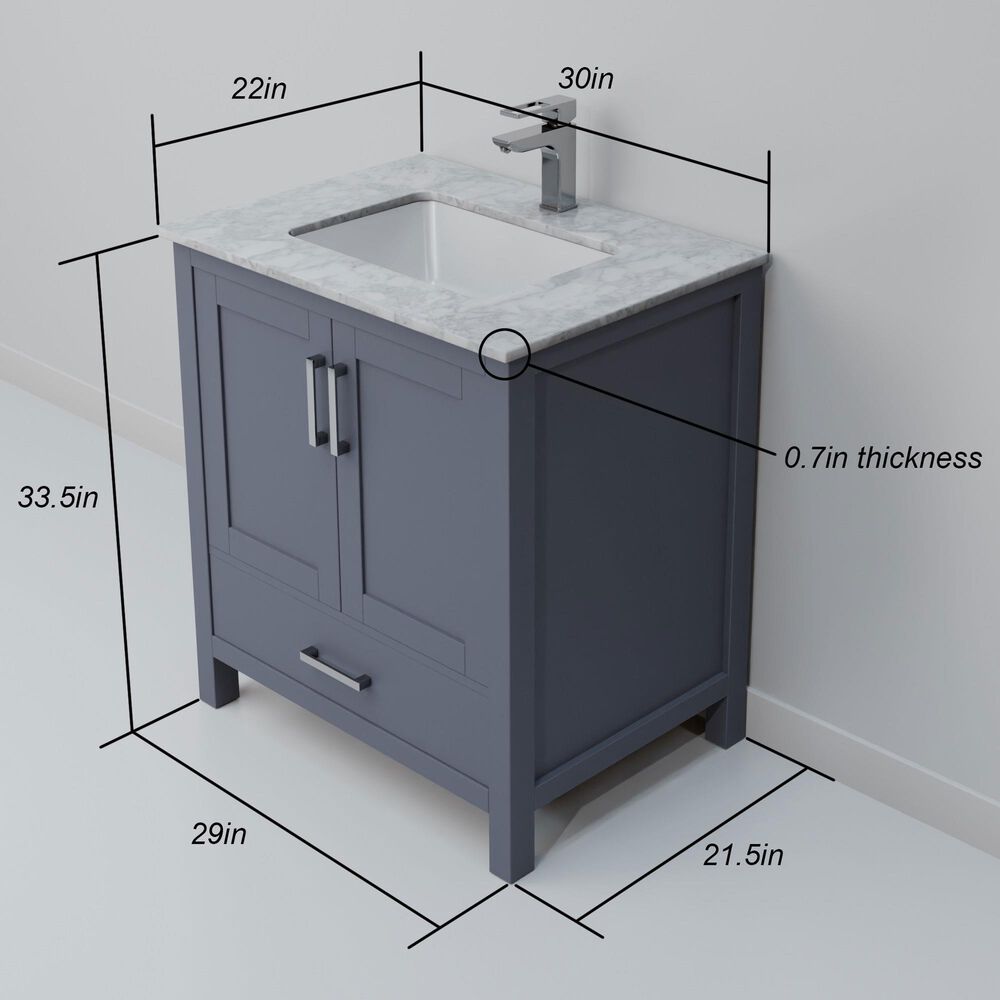 Lexora Home Jacques 30" Single Bathroom Vanity in Dark Grey with 2 cm White Carrara Marble Top and Rectangular Sink, , large
