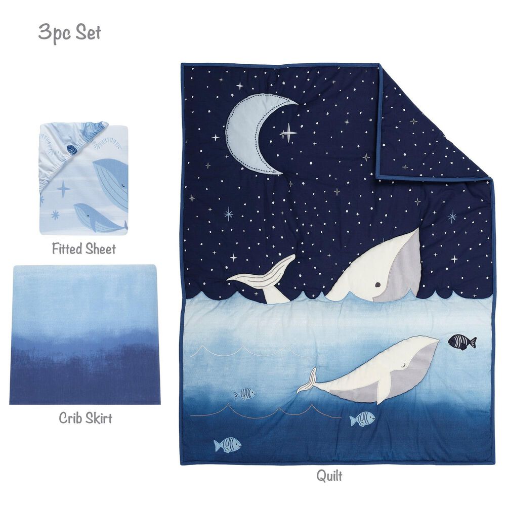 Lambs and Ivy Bubbles and Squirt Whale/Ocean Aquatic 3-Piece Baby Crib Bedding Set in Blue and White, , large