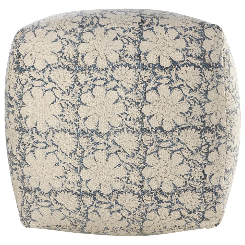 LR Home 20" Square Floral Pouf in Blue and Beige, , large