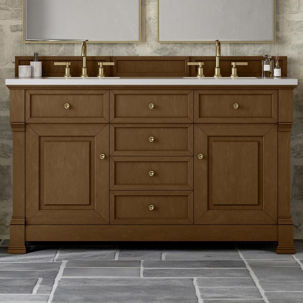 James Martin Vanities Brookfield 60&quot; Double Bathroom Vanity in Honey Oak with 3 cm White Zeus Quartz Top and Rectangular Sinks, , large