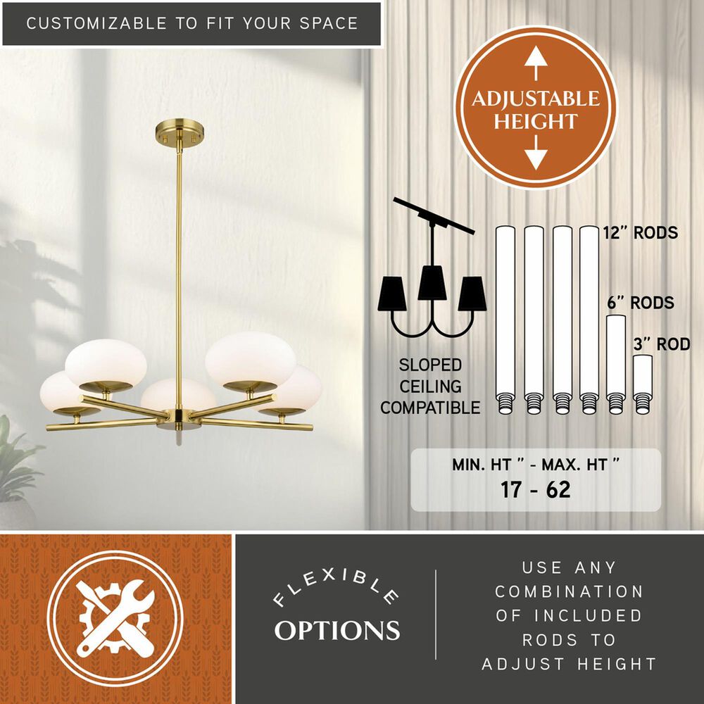 Vaxcel International Co. Ltd. Sloane 5-Light Chandelier in Satin Brass, , large