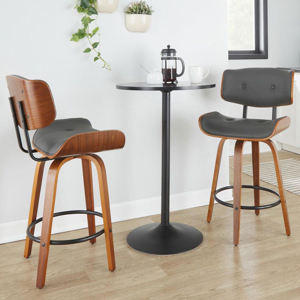 LumiSource Lombardi 26" Swivel Counter Stool with Grey Faux Leather Upholstery in Walnut and Black (Set of 2), , large