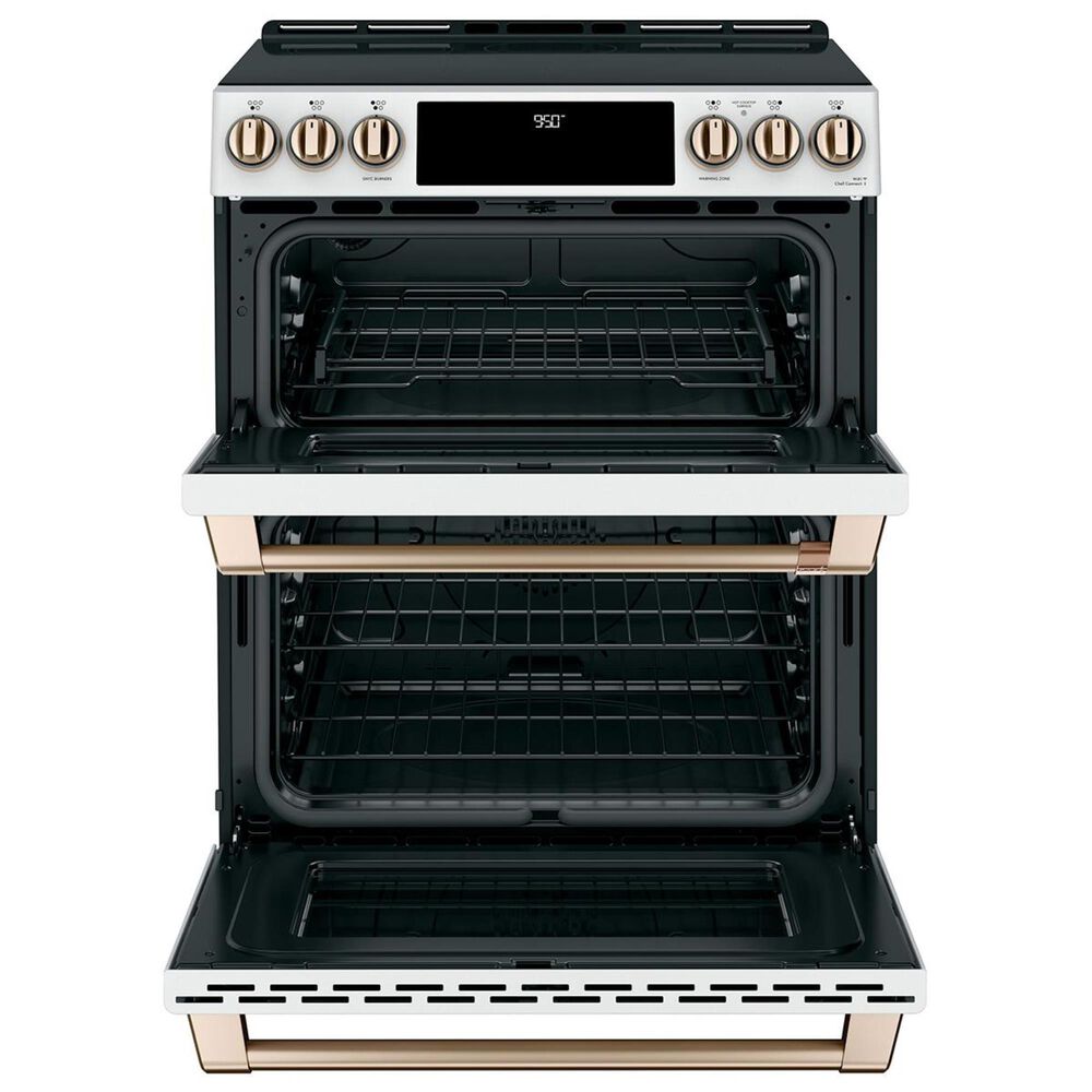 Cafe 30&quot; Slide-In Front Control Induction and Convection Double Oven Range in Matte White  With Brushed Bronze Handles and Control Knobs, , large