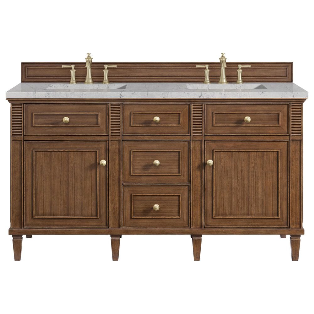 James Martin Vanities Lorelai 60&quot; Double Vanity in Mid-Century Walnut with 3 cm Eternal Jasmine Pearl Quartz Top, , large