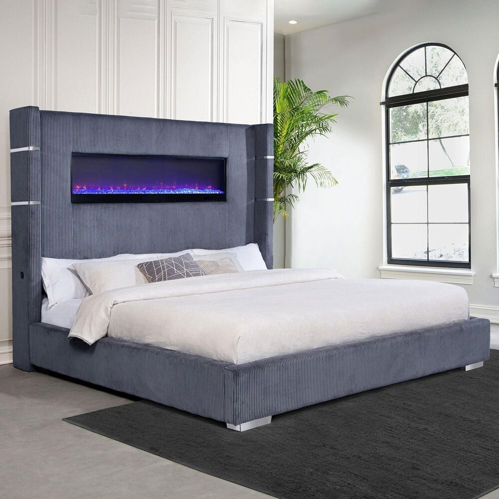 Coaster Tisdall Eastern King Upholstered Fireplace Bed in Grey, , large