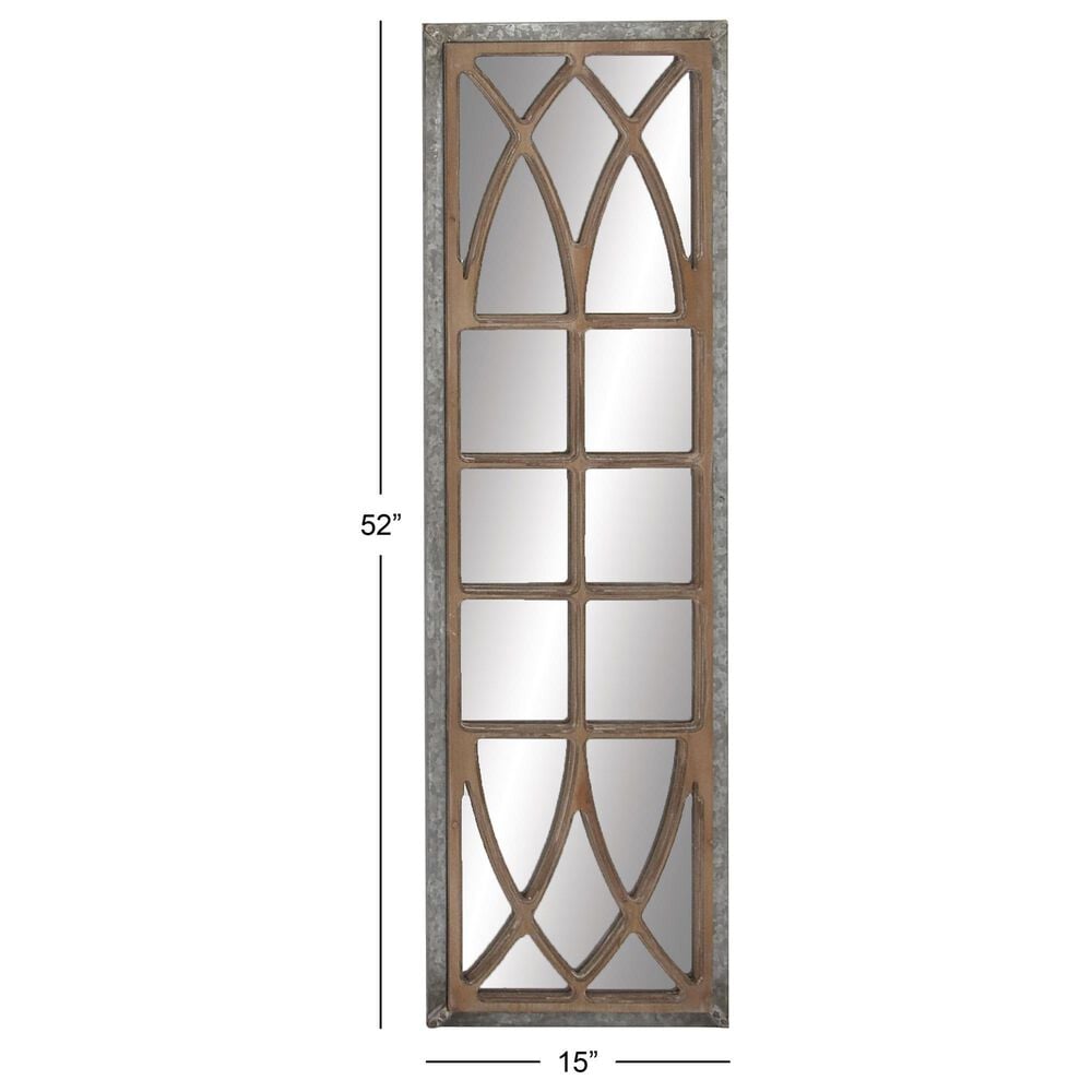 Maple and Jade 52&quot; x 15&quot; Geometric Window Pane Inspired Panel Wall Mirror in Galvanized Silver and Brown, , large