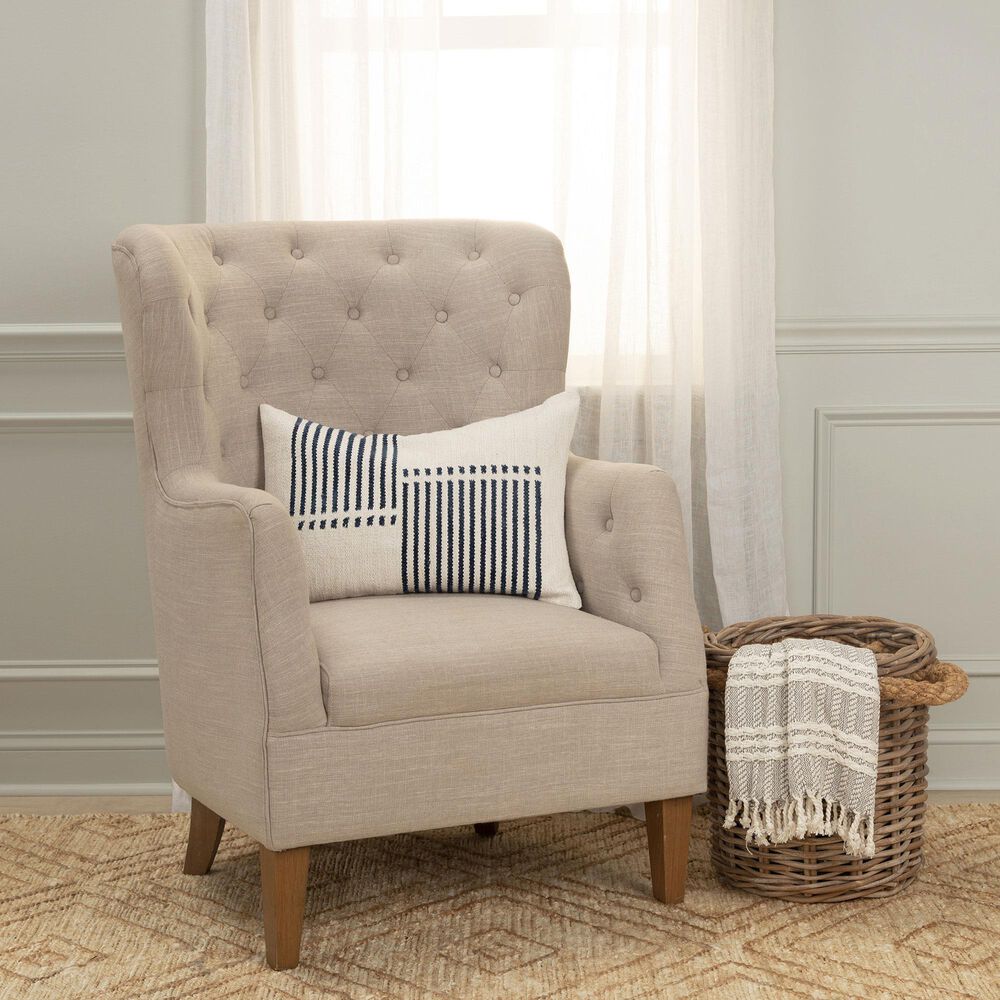 Rizzy Home 14&quot; x 20&quot; Striped Down Filled Lumbar Pillow in Natural and Blue, , large