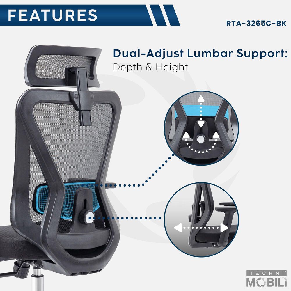 Rta Products Llc Truly Ergonomic Mesh Office Chair with Headrest and Lumbar Support in Black, , large