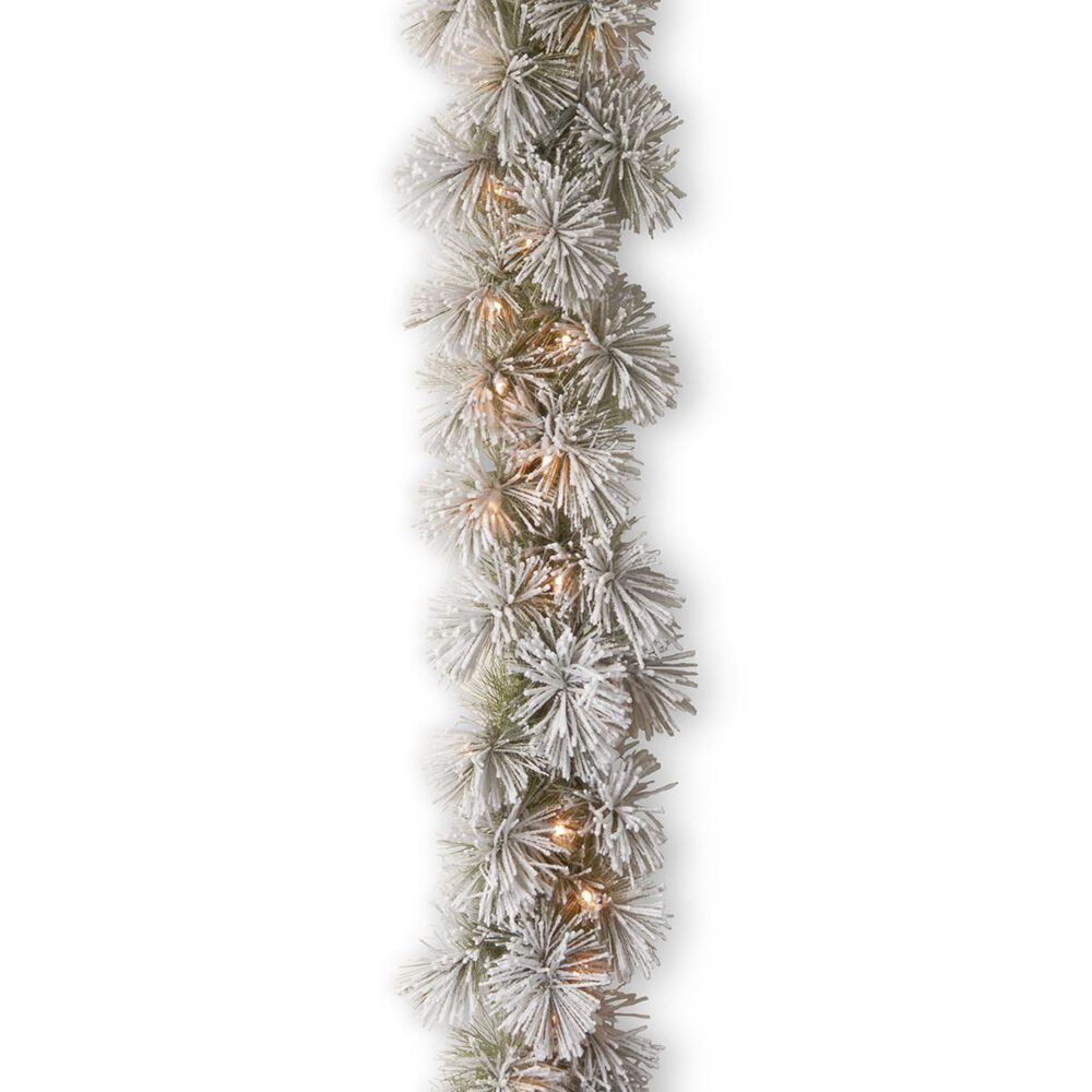National Tree 9" Snowy Bristle Pine Garland with White Lights, , large