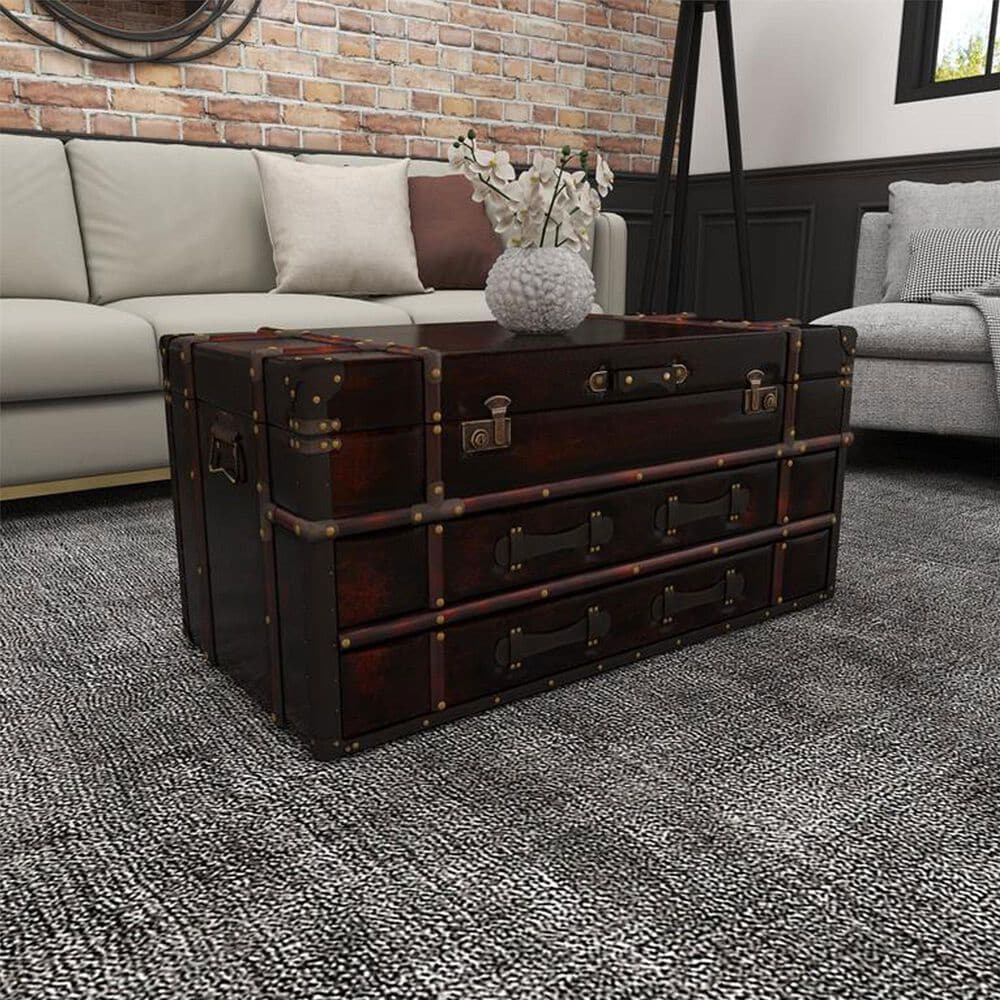 Maple and Jade Vintage 2-Drawer Coffee Table with Buckle Hinged Top in Hickory Brown, , large