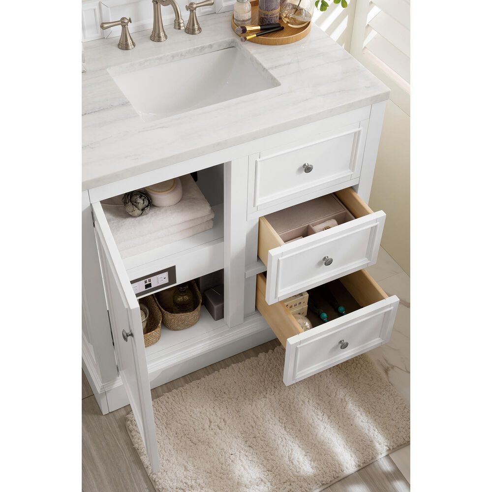 James Martin Vanities De Soto 36&quot; Single Bathroom Vanity in Bright White with 3 cm Arctic Fall Solid Surface Top and Rectangular Sink, , large