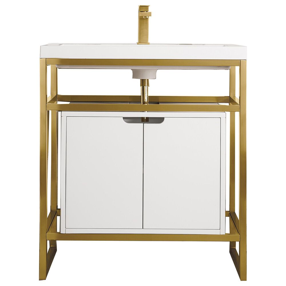 James Martin Vanities Boston 31.5" Single White Door Bathroom Vanity in Radiant Gold with 3 cm White Glossy Resin Countertop and Rectangular Sink, , large