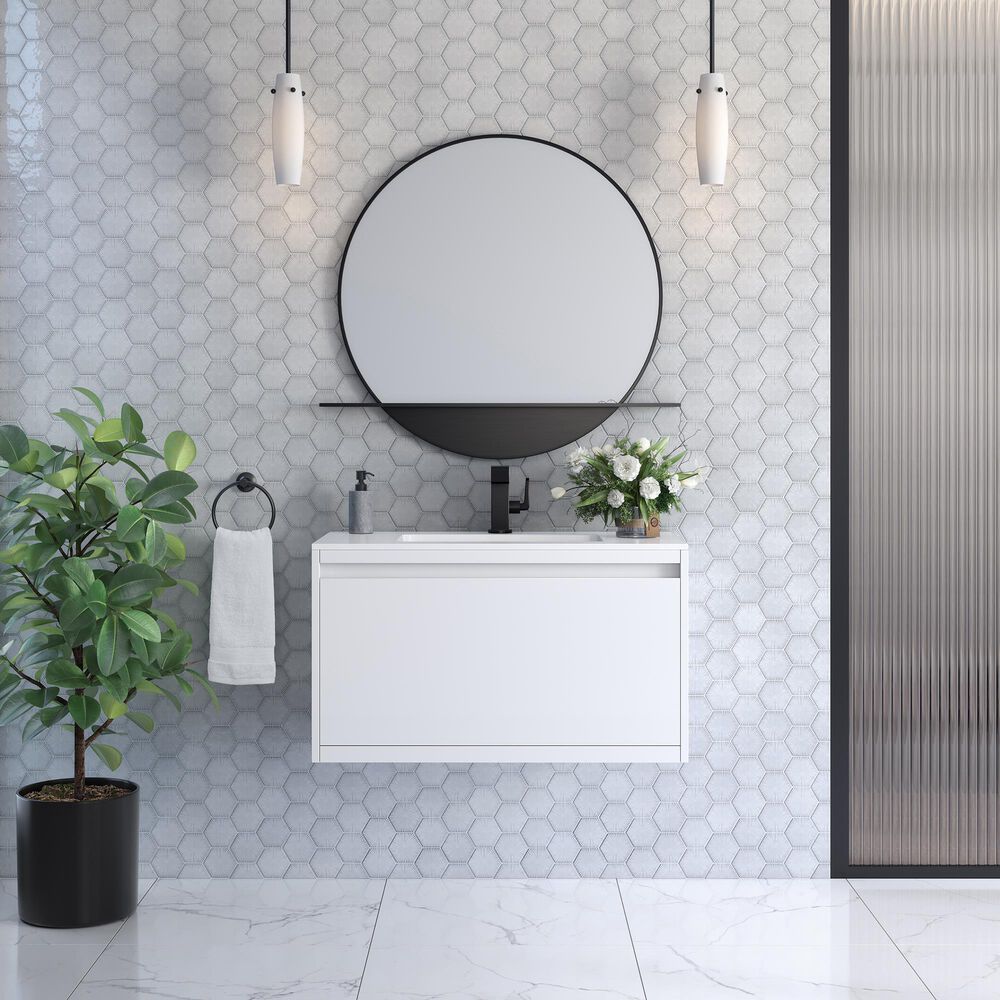 James Martin Mantova 35.4&quot; Single Bathroom Vanity in Glossy White and Matte Black with 2 cm Glossy White Solid Surface Top and Rectangular Sink, , large