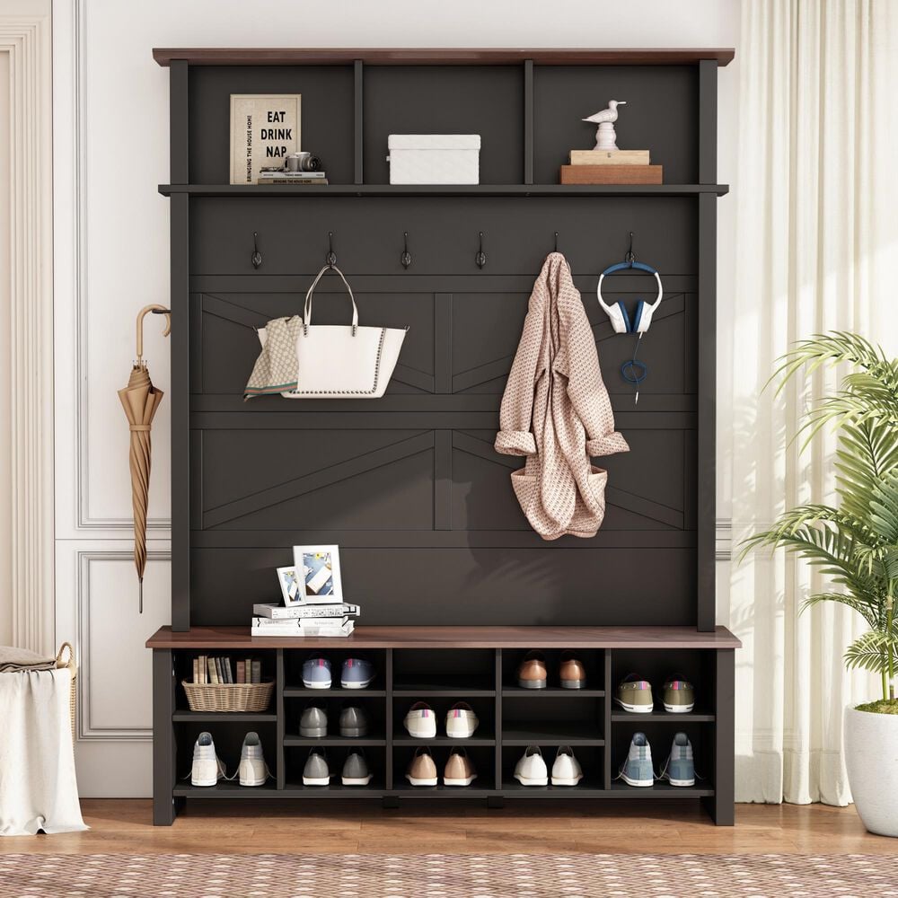 HOMLUX 6-Hook Hall Tree with 16-Compartment in Black and Walnut, , large