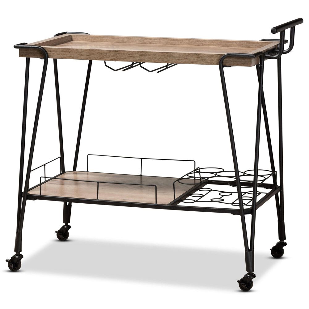 Baxton Studio Perilla 2-Tier Wine Serving Cart in Oak Brown/black, , large