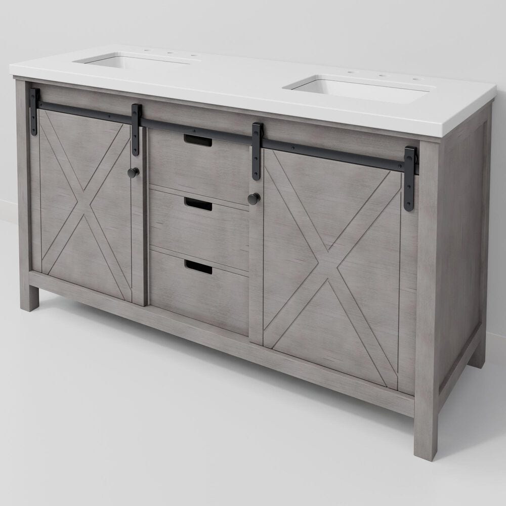 Lexora Home Marsyas 60" Double Bathroom Vanity in Ash Grey with White Quartz Top and Rectangular Sinks, , large