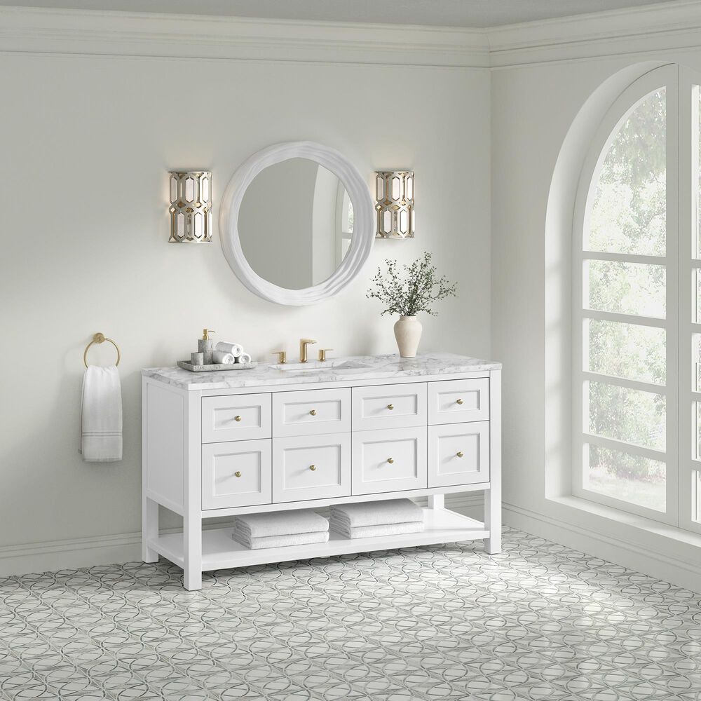 James Martin Vanities Breckenridge 60" Single Bathroom Vanity in Bright White with 3 cm Carrara White Marble Top and Rectangular Sink, , large