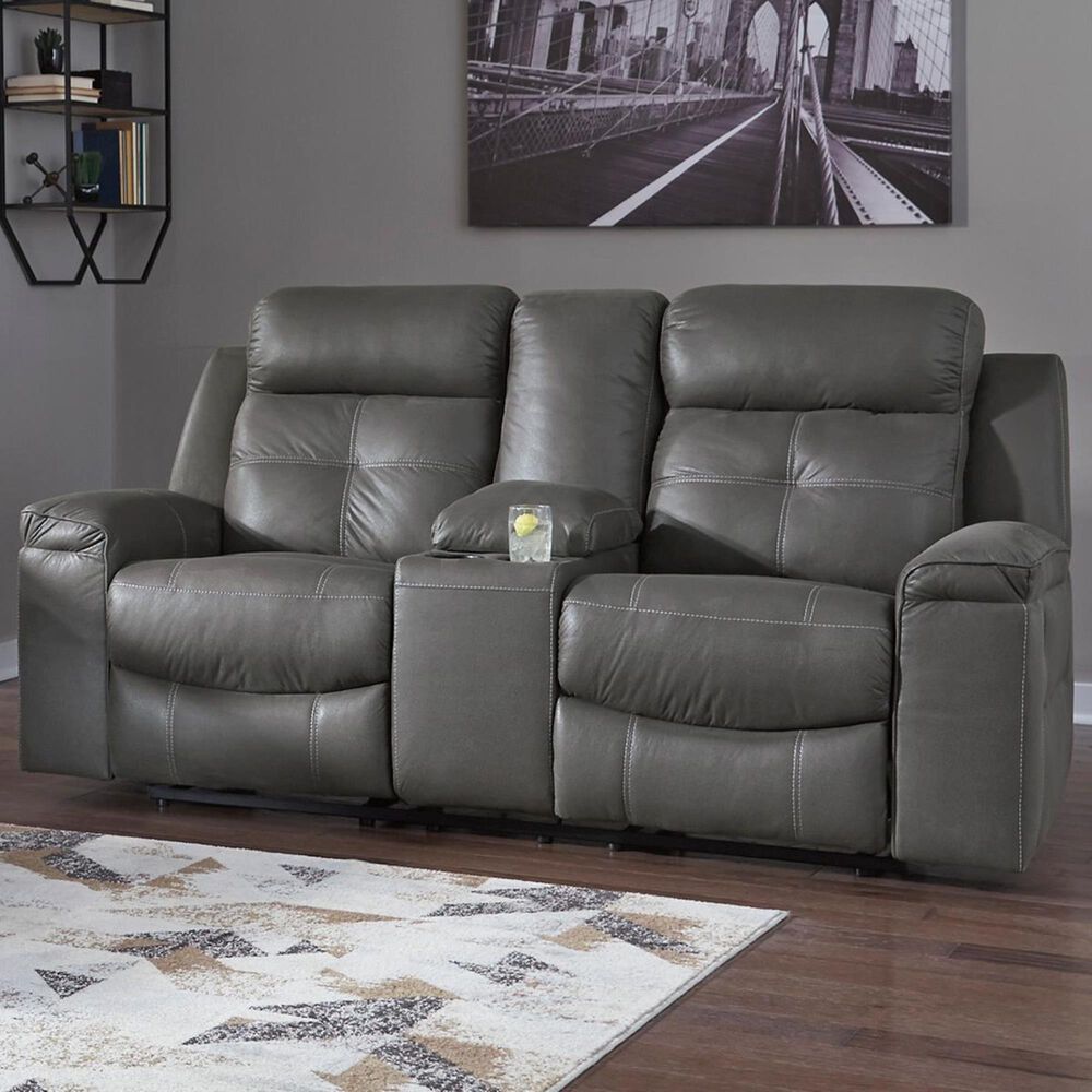 Signature Design by Ashley Jesolo Manual Double Reclining Loveseat with Console in Dark Gray, , large
