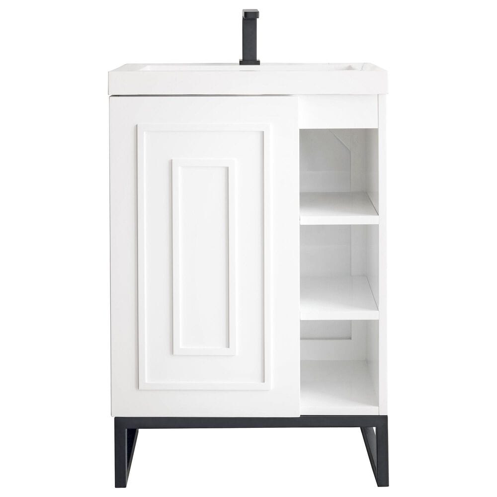 James Martin Vanities Alicante 24" Single Bathroom Vanity in Glossy White and Matte Black with 5 cm White Glossy Resin Top and Rectangular Sink, , large