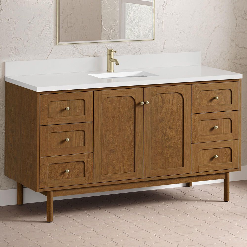 James Martin Laurent 60" Single Bathroom Vanity in Honey Oak with Single Hole 3 cm White Zeus Silestone Top and Rectangular Sink, , large