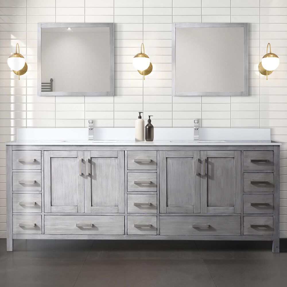 Lexora Home Jacques 84&quot; Double Bathroom Vanity in Distressed Grey with 2 cm White Quartz Top and Rectangular Sinks, , large