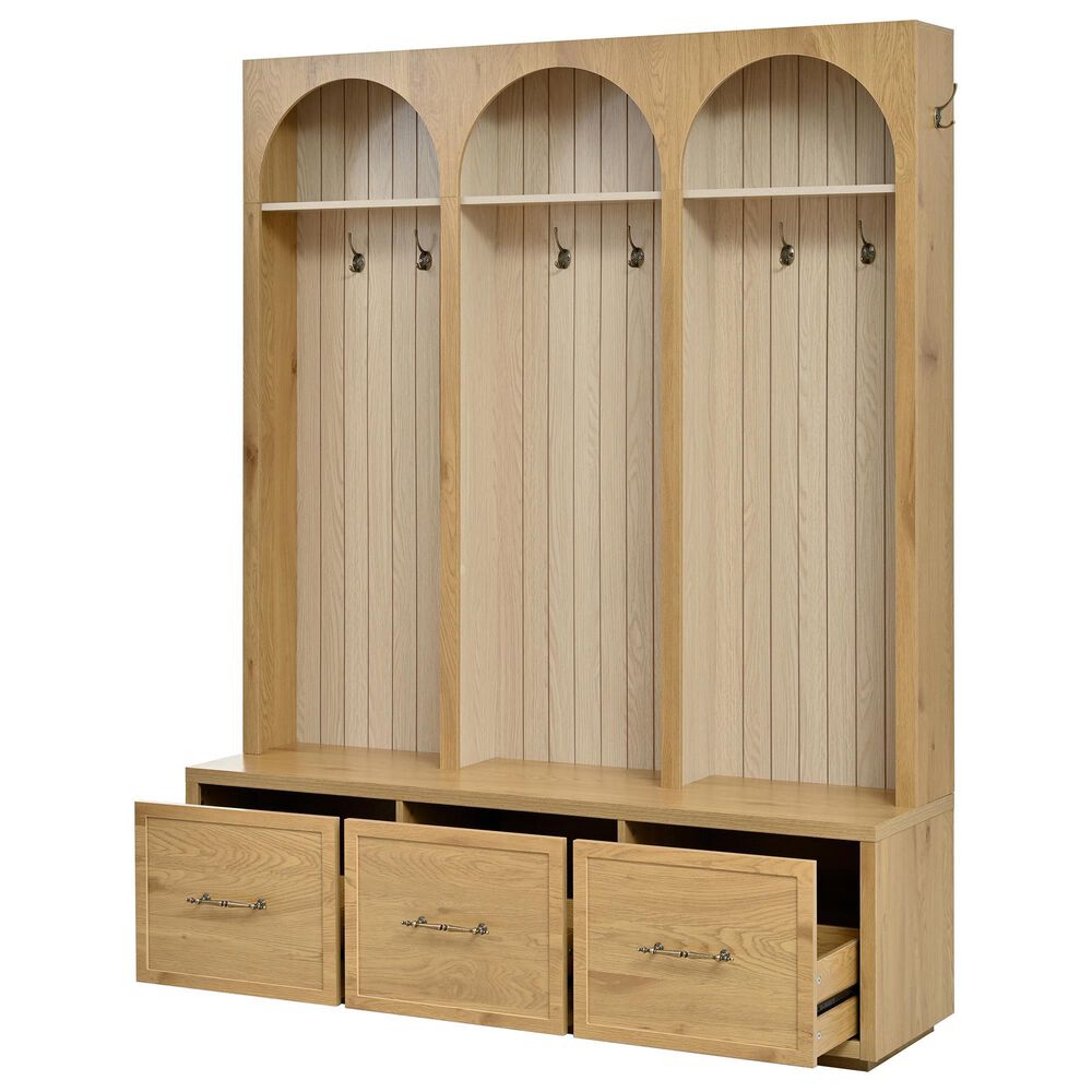 GigaCloud Wooden Hall Tree with Arched Design and Drawers in Natural and Oak, , large