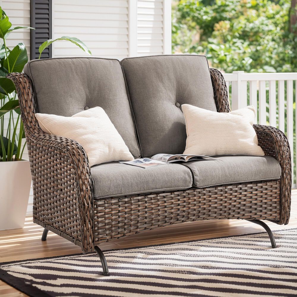 Sunwell Garden Outdoor Glider Loveseat with Brown Rattan in Gray, , large
