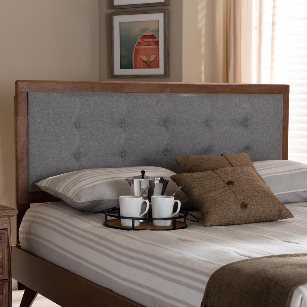 Baxton Studio Sarine King Panel Headboard with Light Grey Upholstered in Walnut Brown, , large