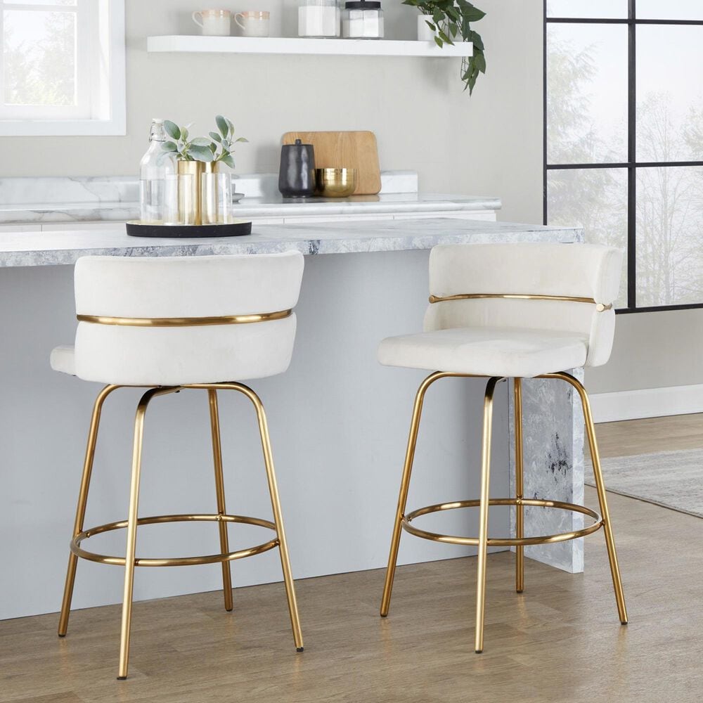 LumiSource Cinch 26" Swivel Counter Stool with Cream Upholstery in Gold (Set of 2), , large