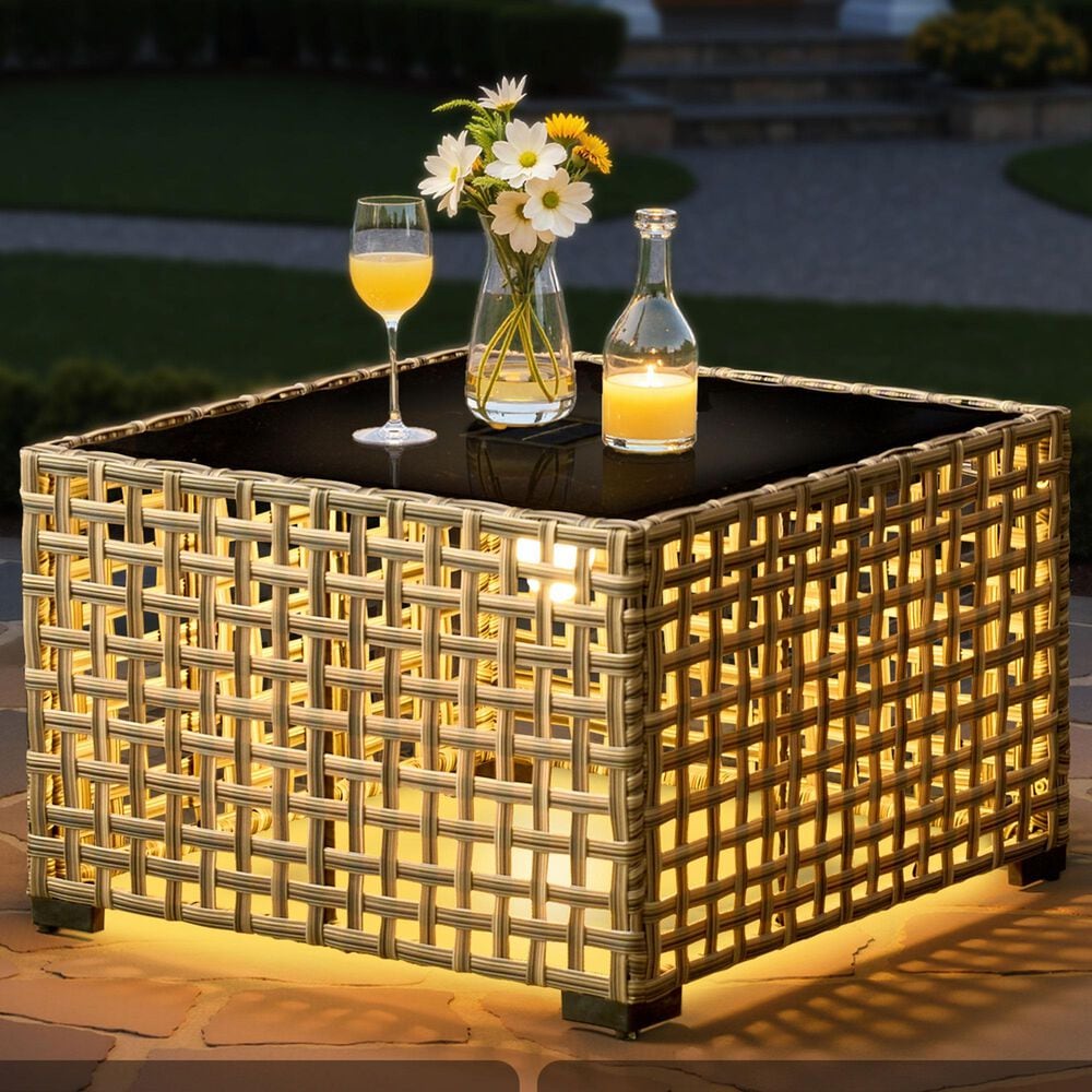 HOMLUX LED-Lit Patio Coffee Table with Built-In Solar Powered LED Lights in Gray, , large