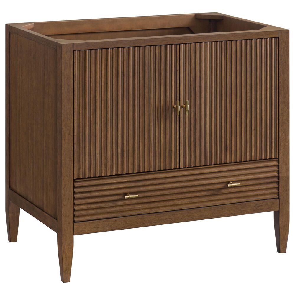 James Martin Vanities Myrrin 36&quot; Vanity in Mid-Century Walnut with 3 cm Eternal Marfil Quartz Top, , large