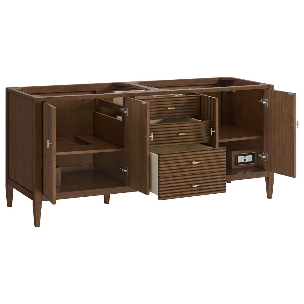 James Martin Vanities Myrrin 72&quot; Double Vanity in Mid Century Walnut with 3 cm Carrara White Marble Top, , large
