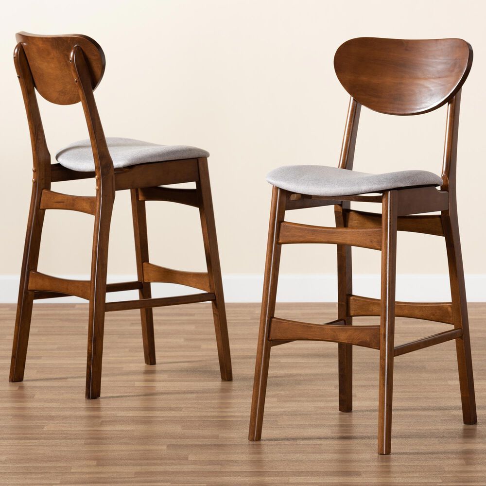 Baxton Studio Katya Bar Stool with Grey Cushion in Walnut Brown (Set of 2), , large