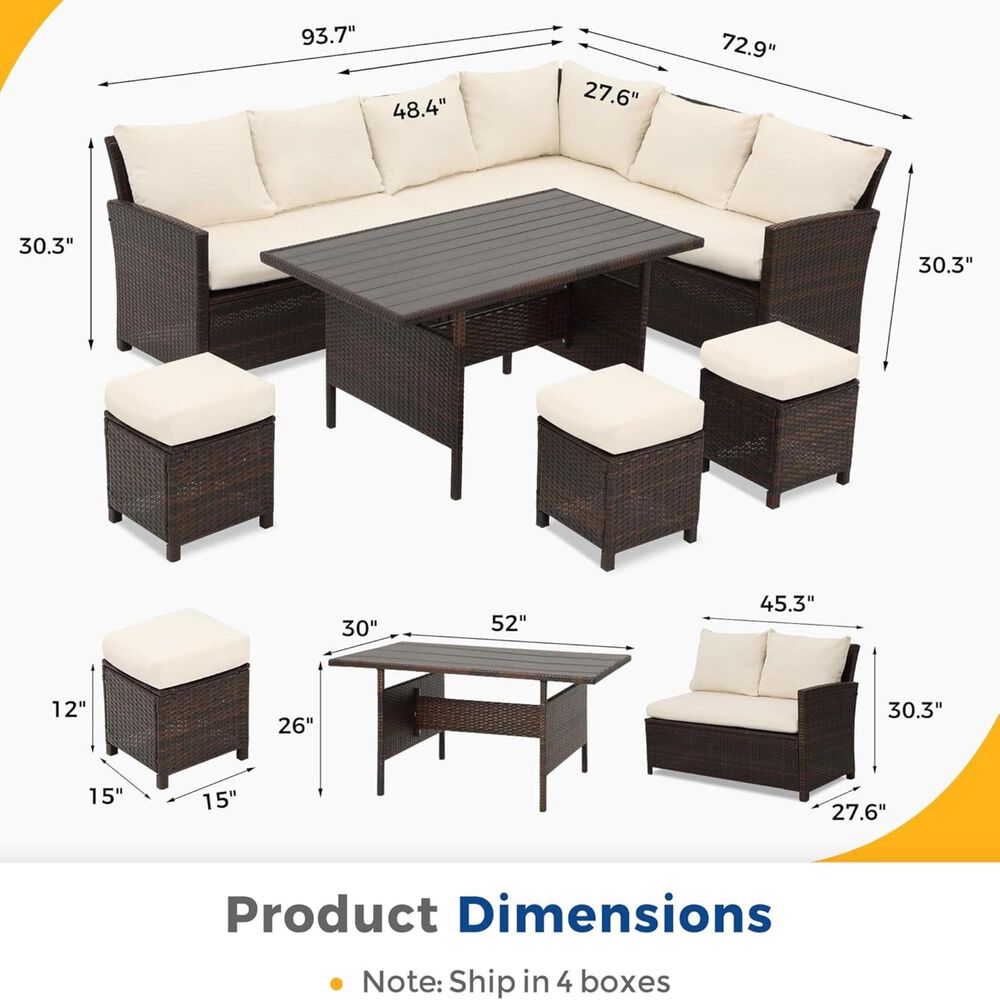 Hearth and Haven 7-Piece Outdoor Dining Set with Ivory Cushion in Brown, , large