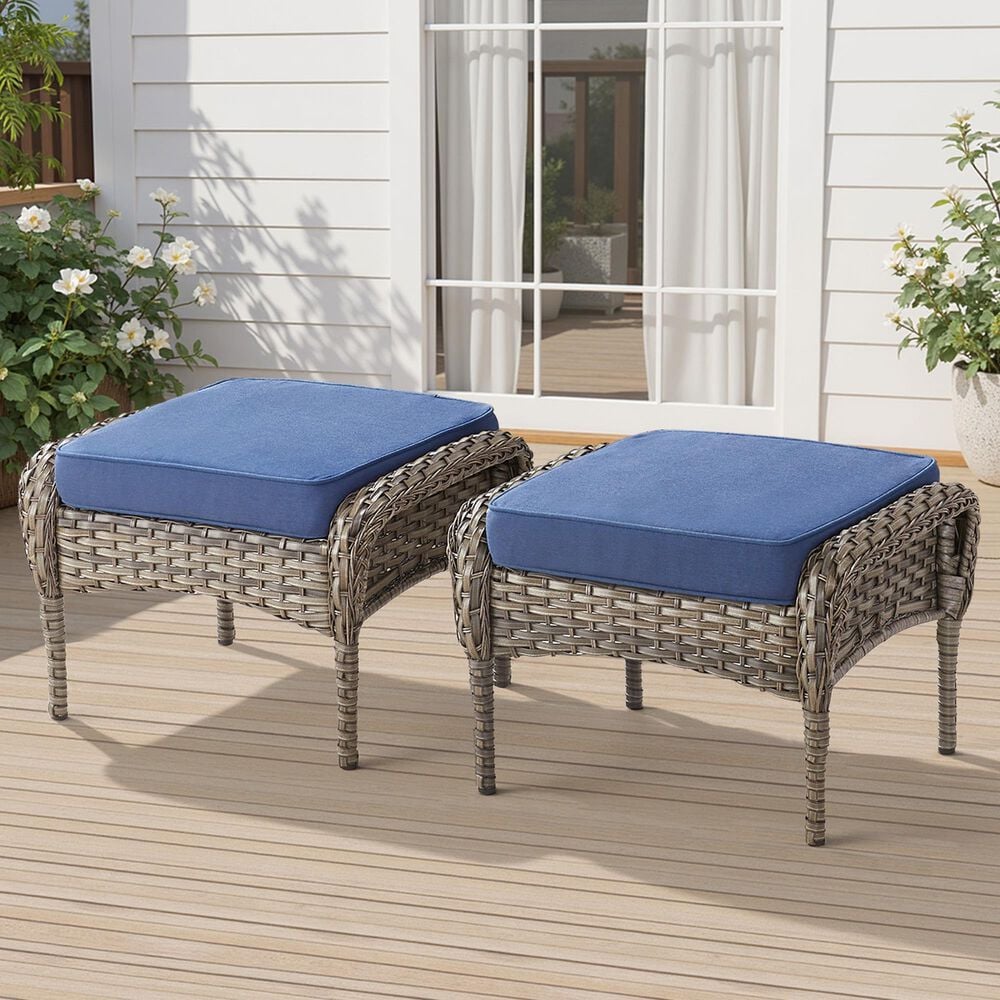 Hearth and Haven Patio Wicker Ottoman with Gray Rattan in Blue (Set of 2), , large