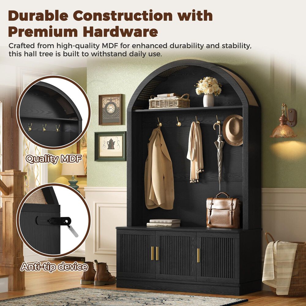 HOMLUX Farmhouse Fabric Arched Top Hall Tree with 5 Metal Hooks and Adjustable Shelves in Black, , large