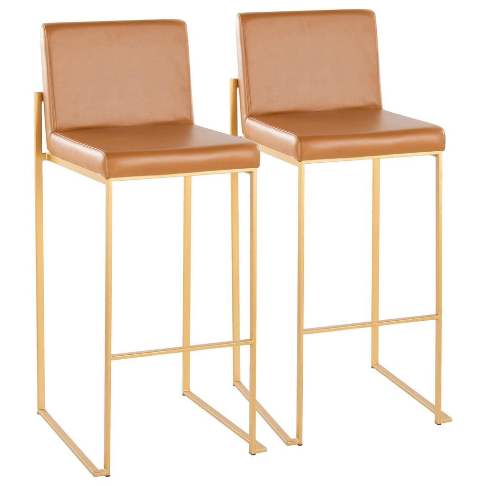 Lumisource Fuji High Back Barstool with Camel Faux Leather in Gold (Set of 2), , large
