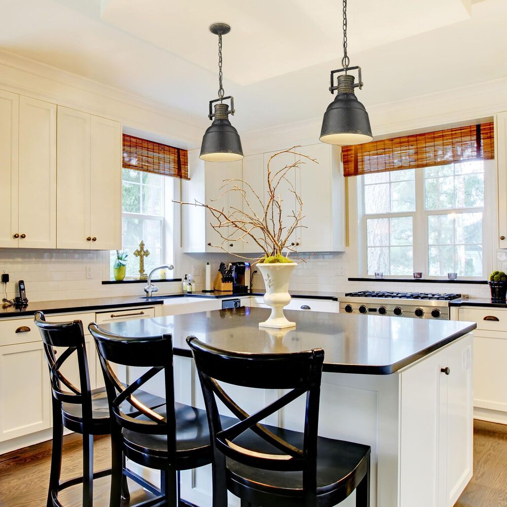 Golden Lighting Quarry 1-Light Pendant in Antique Black Iron and Gold, , large