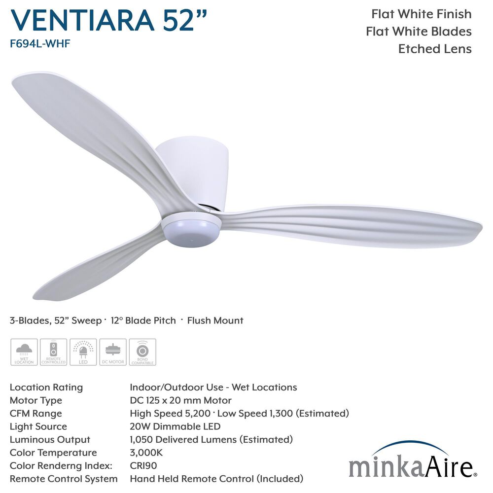 Minka-Aire Ventiara 52" LED Flush Mount Indoor/Outdoor Ceiling Fan in Flat White, , large
