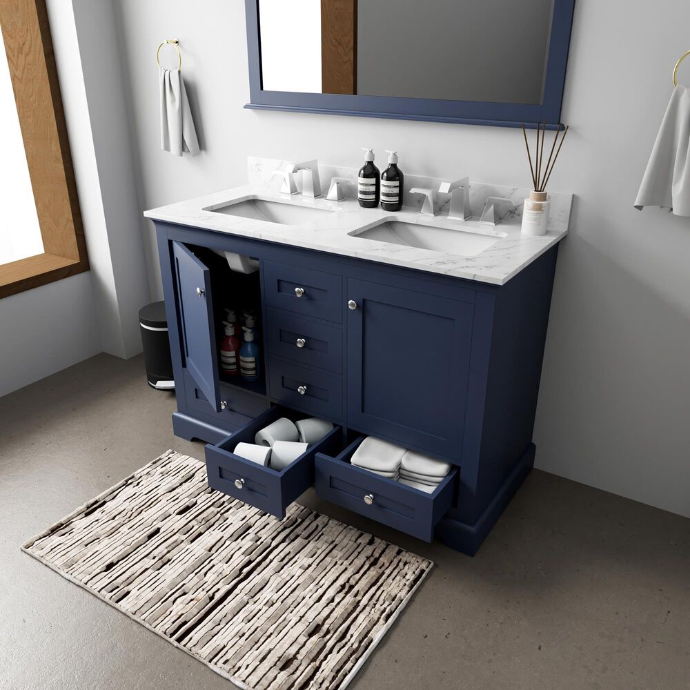 Lexora Home Dukes 48" Double Bathroom Vanity in Navy Blue with 2 cm White Carrara Marble Top and Rectangular Sinks, , large