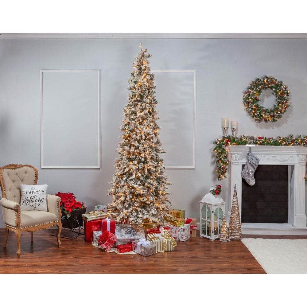 The Gerson Company 9&#39; Pre-Lit Artificial Narrowed Flocked Pencil Pine with White Lights in Green, , large