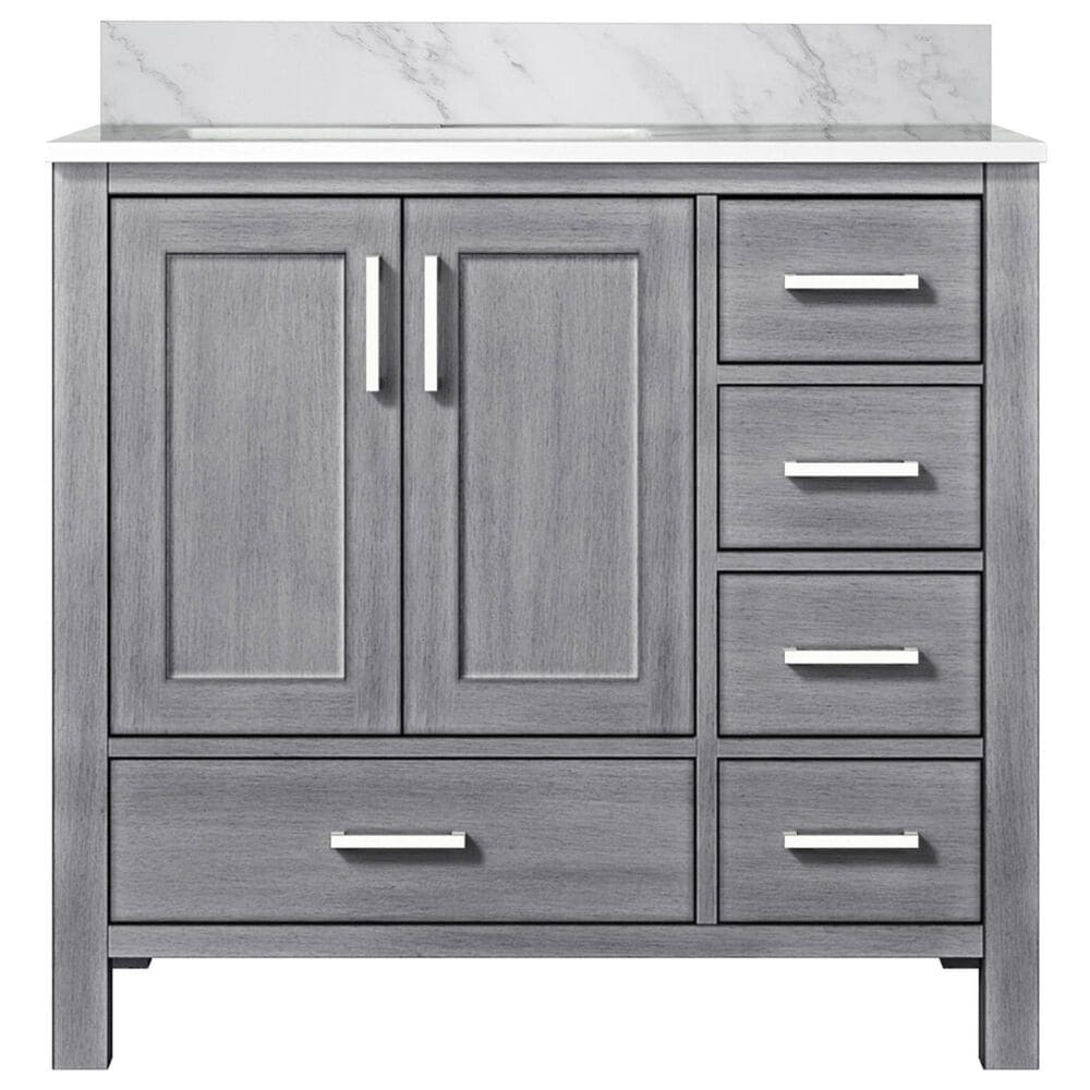 Lexora Home Jacques 36" Left Offset Single Bathroom Vanity in Distressed Grey with 2 cm White Carrara Marble Top and Rectangular Sink, , large