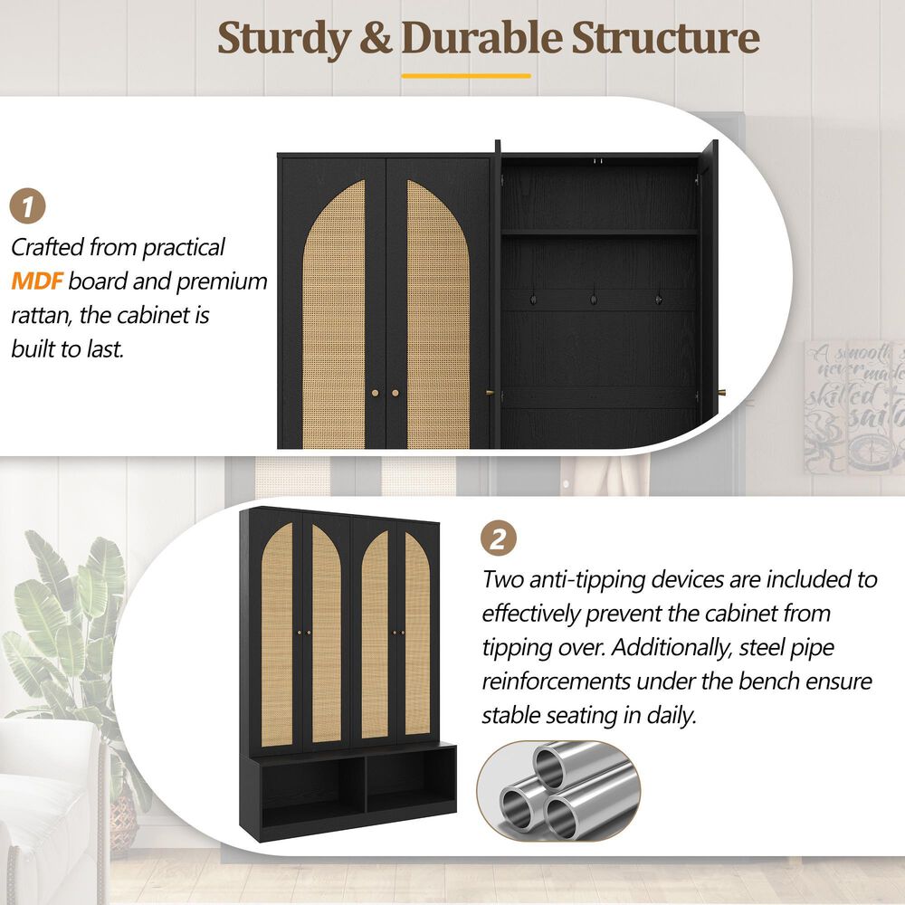 HOMLUX 6-Hook Hall Tree with 2-Rattan Doors in Black, , large