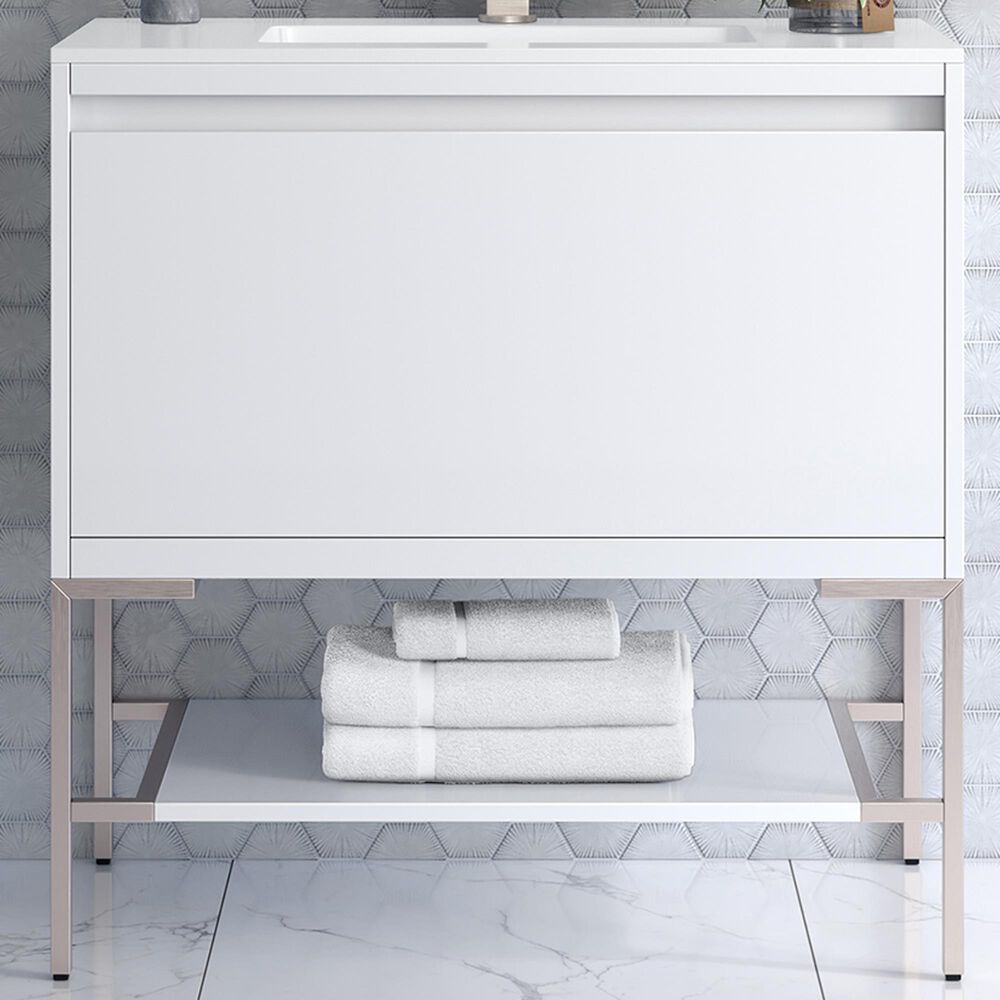 James Martin Vanities Mantova 35.4&quot; Single Bathroom Vanity in Glossy White and Brushed Nickel with 2 cm Glossy White Solid Surface Top and Rectangular Sink, , large