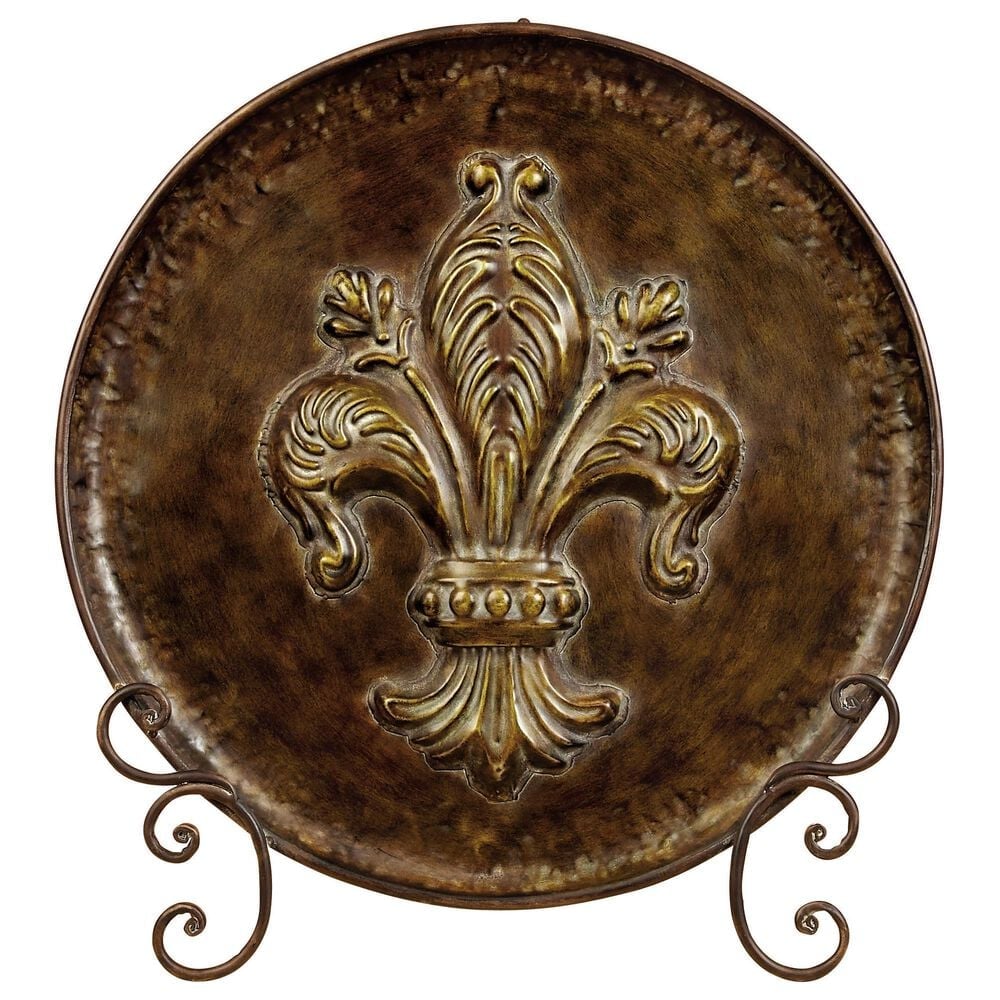Maple and Jade Embossed Detail Fleur De Lis Decorative Charger with Stand in Brown, , large