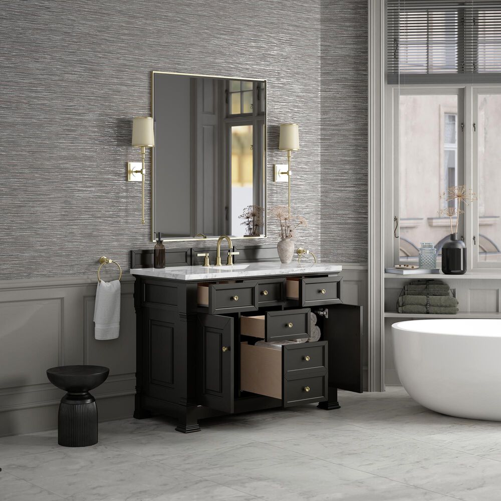 James Martin Vanities Brookfield 48" Single Bathroom Vanity in Black Onyx with 3 cm Carrara White Marble Top and Rectangular Sink, , large
