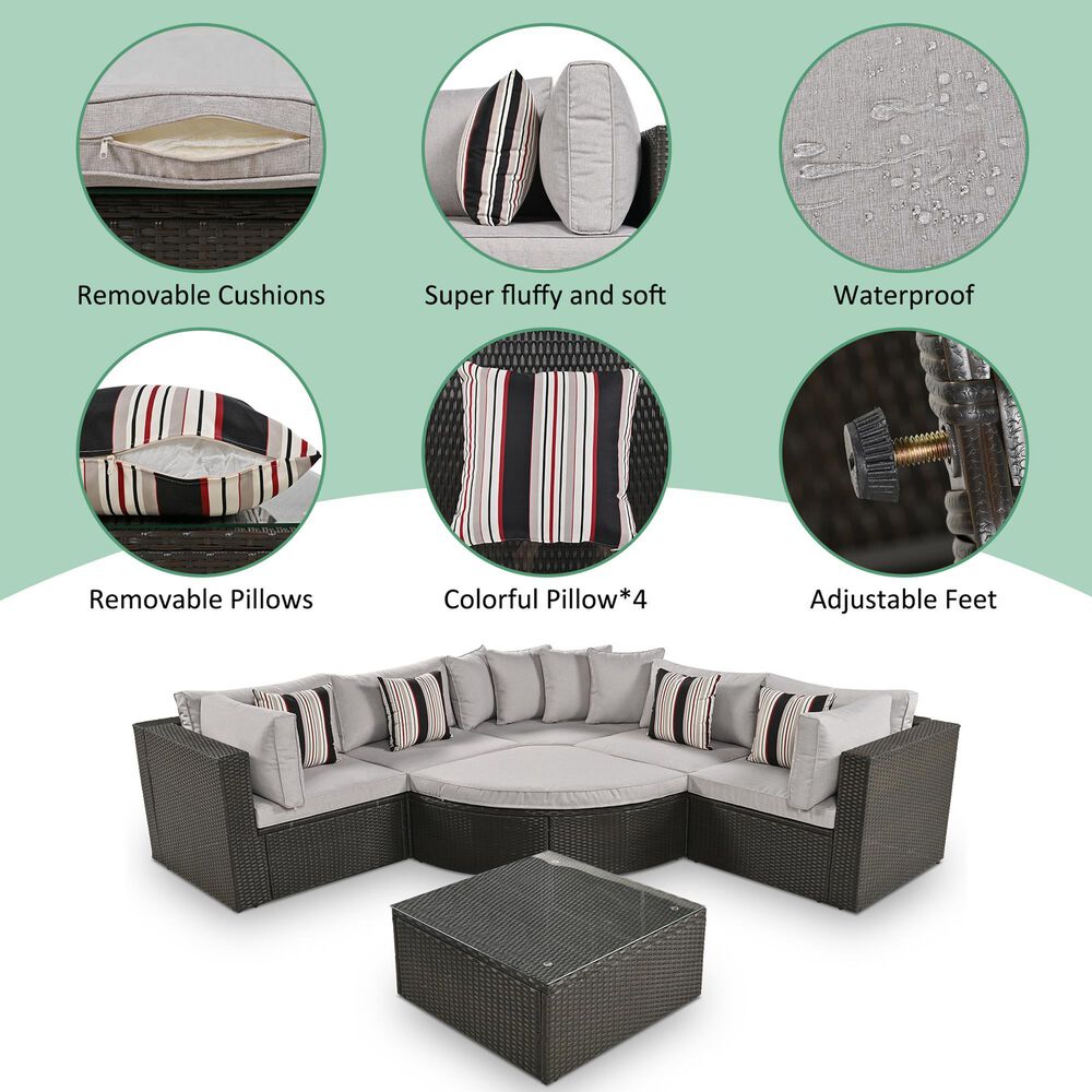 HOMLUX 7-piece Outdoor Conversation Set with Black Wicker in Light Gray, , large