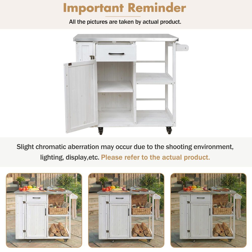 Hearth and Haven Outdoor Kitchen Island Cart with Stainless Steel Top, Towel and Spice Racks in White, , large