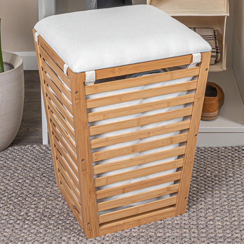 Household Essentials Slatted Hamper with Cushioned Lid and Removable Bag in Natural, , large