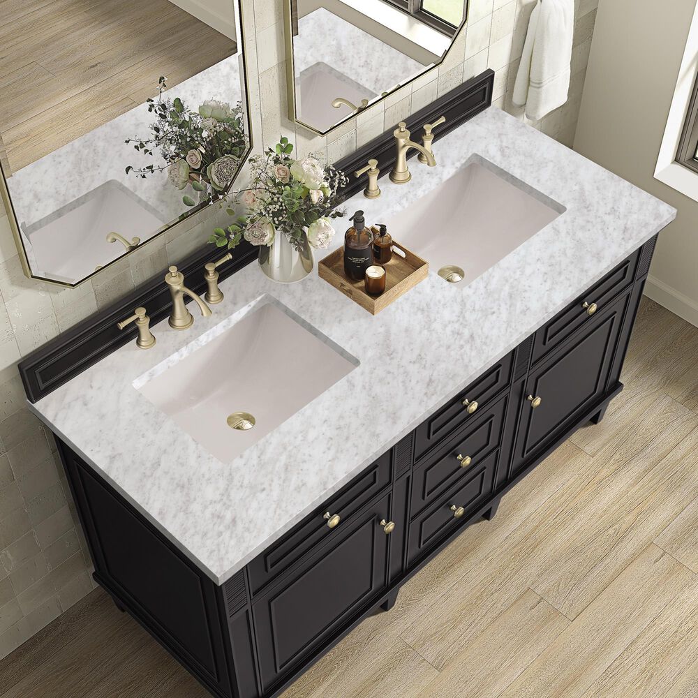 James Martin Vanities Lorelai 60&quot; Double Vanity in Black Onyx with 3 cm Carrara White Marble Top, , large